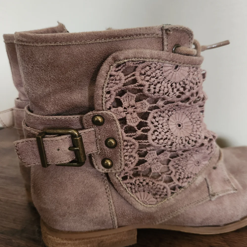 Not Rated Brown Crochet Lace Suede-Look Ankle Booties